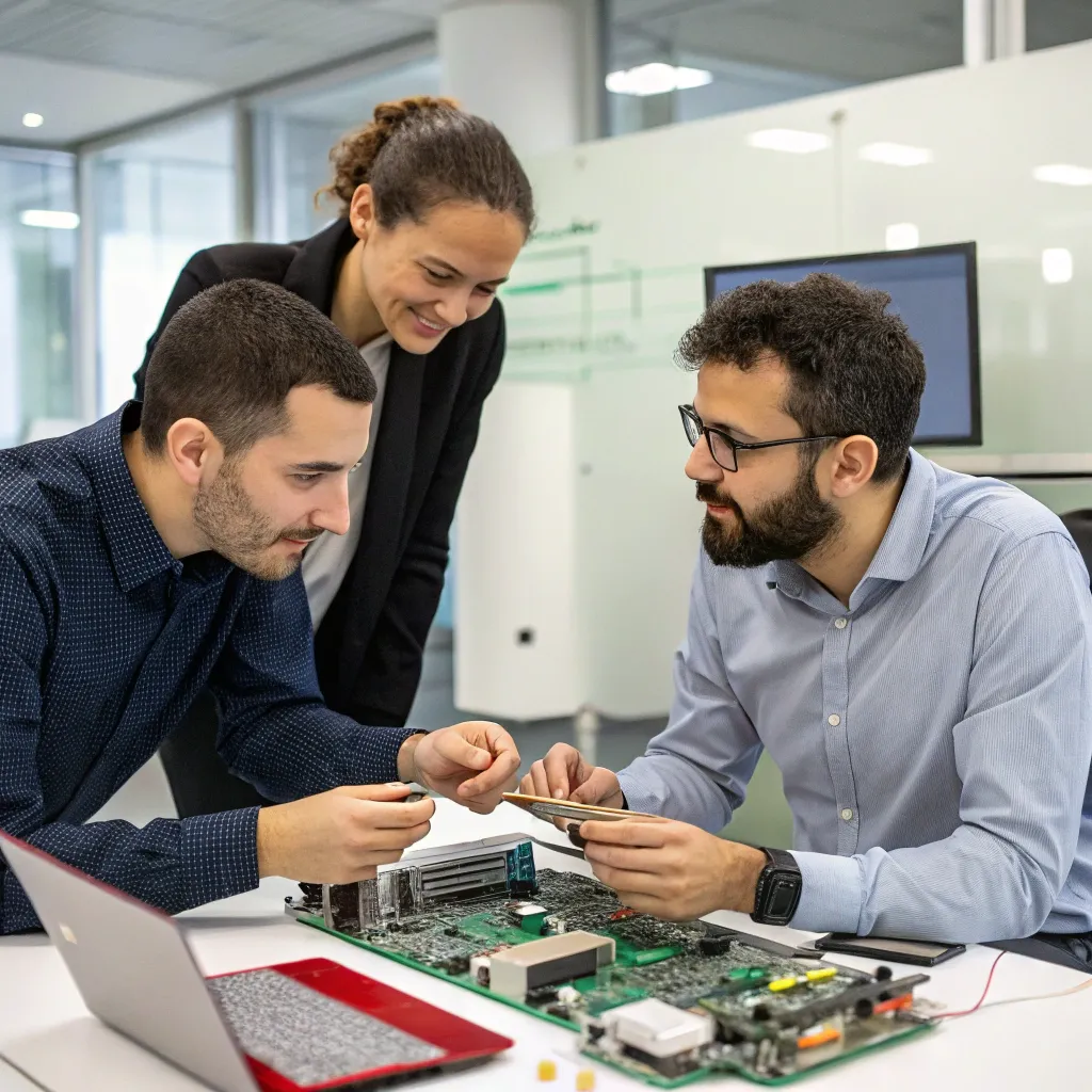 Team members discussing electronics